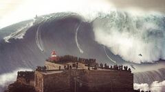 Foto de una ola gigante de Nazar&eacute; (Portugal), la ola m&aacute;s grande del mundo, con los surfistas Kai Lenny, Lucas Chumbo Chianca, Maya Gabeira, Ian Walsh, etc. El fuerte de San Miguel Arc&aacute;ndel, en primer plano, lleno de p&uacute;blico. Lu