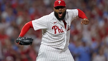 Oct 3, 2023; Philadelphia, Pennsylvania, USA; Philadelphia Phillies relief pitcher Jose Alvarado (46) reacts after an out against the Miami Marlins in the seventh inning for game one of the Wildcard series for the 2023 MLB playoffs at Citizens Bank Park. Mandatory Credit: Bill Streicher-USA TODAY Sports