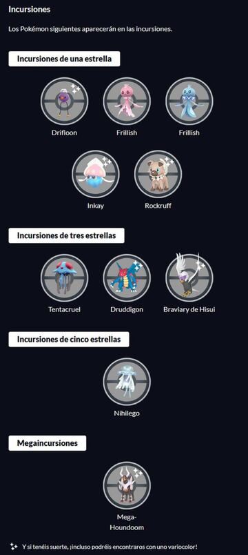 Incursiones disponibles durante el evento Eclipse Astral de Pokémon GO