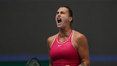 La tenista bielorrusa Aryna Sabalenka reacciona durante su partido ante la británica Katie Boulter en el WTA 1.000 de Pekín.