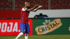 Football, Chile vs Colombia.  2nd date, 2020 Qatar World Cup qualifier match.  Chilean National team player Arturo Vidal, celebrates after scoring against Colombia during the 2020 Qatar World Cup qualifier match held at the National stadium in Santiago, Chile.  13/10/2020  Andres Pina/Photosport