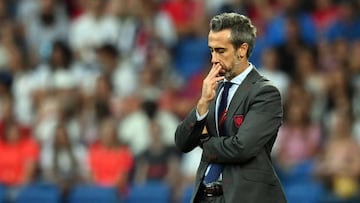 Spain's head coach Jorge Vilda reacts during the UEFA Women's Euro 2022 quarter final football match between England and Spain at the Brighton & Hove Community Stadium, in Brighton, southern England on July 20, 2022. - No use as moving pictures or quasi-video streaming.
Photos must therefore be posted with an interval of at least 20 seconds. (Photo by Glyn KIRK / AFP) / No use as moving pictures or quasi-video streaming.
Photos must therefore be posted with an interval of at least 20 seconds. (Photo by GLYN KIRK/AFP via Getty Images)