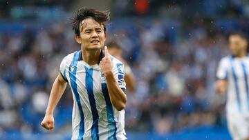 SAN SEBASTIÁN, 02/09/2023.-El delantero japonés de la Real Sociedad Takefusa Kubo, celebra su segundo gol contra el Granada, este sábado durante el partido de la jornada 4 de LaLiga en el estadio Reale Arena en San Sebastián.- EFE/ Javi Colmenero
