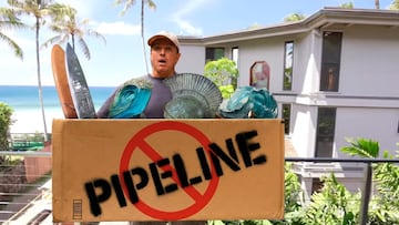 Jamie O'Brien con un cartel de Pipeline tachado
