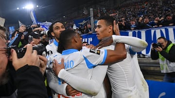 Soccer Football - Ligue 1 - Olympique de Marseille v AS Monaco - Orange Velodrome, Marseille, France - December 14, 2025 Olympique de Marseille's Mason Greenwood celebrates scoring their first goal with teammates REUTERS/Alexandre Dimou