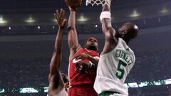 LeBron James #23 of the Cleveland Cavaliers drives to the basket as Kevin Garnett #5 and Kendrick Perkins #43 of the Boston Celtics defend during Game One of the Eastern Conference Semifinals during the 2008 NBA Playoffs on May 6, 2008 at the TD Banknorth Garden in Boston, Massachusetts.       Elsa/Getty Images/AFP    == FOR NEWSPAPERS, INTERNET, TELCOS &amp; TELEVISION USE ONLY == 