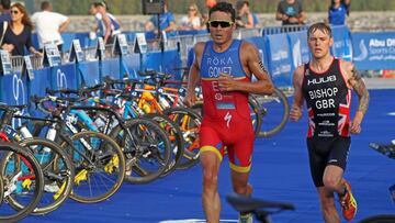 Javier G&oacute;mez Noya, por delante de Thomas Bishop en la prueba de las Series Mundiales de Triatl&oacute;n en Abu Dhabi.