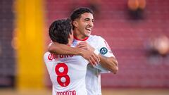    Andres Pereira celebrates his goal 0-1 with Carlos Emilio Orrantia of Toluca during the round one first leg match between CS Herediano and Toluca as part of the CONCACAF Champions Cup 2024 at Alejandro Morera Soto Stadium on February 07, 2024 in Alajuela, Costa Rica.