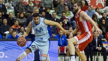 GRA249. MURCIA, 30/12/2016.- El base de Movistar Estudiantes Jaime Fernández (i) entra en la zona ante el ala pívot de UCAM Murcia Nemanja Radovic (d), hoy durante el partido de la decimoquinta jornada de la liga Endesa, que están disputando los dos equipos en el Palacio de los Deportes de Murcia. EFE/Marcial Guillén