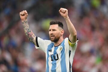 LUSAIL CITY, QATAR - DECEMBER 13: Lionel Messi of Argentina celebrates after scoring the team's first goal during the FIFA World Cup Qatar 2022 semi final match between Argentina and Croatia at Lusail Stadium on December 13, 2022 in Lusail City, Qatar. (Photo by Michael Regan - FIFA/FIFA via Getty Images)