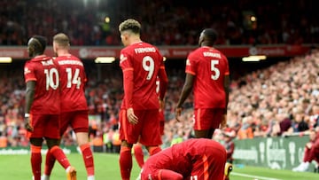 LIVERPOOL, ENGLAND - MAY 22: (THE SUN OUT, THE SUN ON SUNDAY OUT) Mohamed Salah of Liverpool celebrates after scoring the second goal making the score 2-1 during the Premier League match between Liverpool and Wolverhampton Wanderers at Anfield on May 22, 2022 in Liverpool, England. (Photo by Andrew Powell/Liverpool FC via Getty Images)