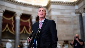 UNITED STATES - JANUARY 12: Speaker of the House Kevin McCarthy, R-Calif., conducts a news conference in the U.S. Capitols Statuary Hall on Thursday, January 12, 2023. (Tom Williams/CQ-Roll Call, Inc via Getty Images)