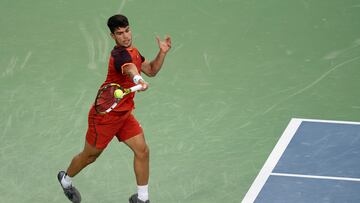 Aug 15, 2024; Cincinnati, OH, USA ; Carlos Alcaraz of Spain returns a shot during his match against Gael Monfils of France on day four of the Cincinnati Open. Mandatory Credit: Susan Mullane-USA TODAY Sports