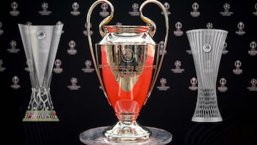 UEFA Champions League, Europa League and Europa Conference League trophies