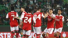 Soccer Football - Europa League - Round of 16 - First Leg - Sporting CP v Arsenal - Estadio Jose Alvalade, Lisbon, Portugal - March 9, 2023  Arsenal's Granit Xhaka celebrates their second goal with teammates an own goal scored by Sporting CP's Hidemasa Morita REUTERS/Pedro Nunes