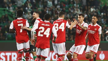 Soccer Football - Europa League - Round of 16 - First Leg - Sporting CP v Arsenal - Estadio Jose Alvalade, Lisbon, Portugal - March 9, 2023  Arsenal's Granit Xhaka celebrates their second goal with teammates an own goal scored by Sporting CP's Hidemasa Morita REUTERS/Pedro Nunes