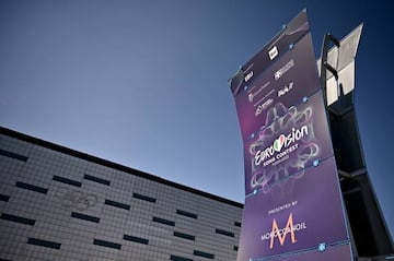 A photograph shows a banner of the Eurovision Song contest 2022 near Palalpitour, the venue of the contest, in Turin on May 2, 2022. - The contest will take place on May 10, 12 and 14, 2022. (Photo by MARCO BERTORELLO / AFP) (Photo by MARCO BERTORELLO/AFP via Getty Images)