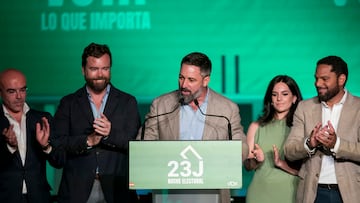 El vicepresidente de Acci¨®n Pol¨ªtica de Vox, Jorge Buxad¨¦ (i), el portavoz de Vox en el Congreso, Iv¨¢n Espinosa de los Monteros (2i), el candidato de Vox a la Presidencia del Gobierno de Espa?a, Santiago Abascal (c), y el secretario general de Vox, Ignacio Garriga (d), durante el seguimiento de la jornada electoral de los comicios generales en la sede de Vox, a 23 de julio de 2023, en Madrid (Espa?a). Todos los espa?oles han sido llamados hoy, 23 de julio de 2023, para elegir a sus representantes para los pr¨®ximos cuatro a?os. Est¨¢n en juego 350 esca?os en el Congreso y 208 en el Senado (ya que 57 de los 265 senadores lo son por designaci¨®n auton¨®mica), que tendr¨¢n que elegir al pr¨®ximo Gobierno.
23 JULIO 2023;23J;ELECCIONES;RESULTADOS;JULIO;GENERALES;PRESIDENTE
A. P¨¦rez Meca / Europa Press
24/07/2023