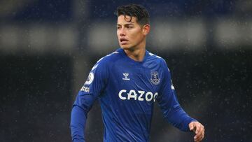 LIVERPOOL, ENGLAND - OCTOBER 03:  James Rodriguez of Everton looks on during the Premier League match between Everton and Brighton &amp; Hove Albion at Goodison Park on October 03, 2020 in Liverpool, England. Sporting stadiums around the UK remain under s