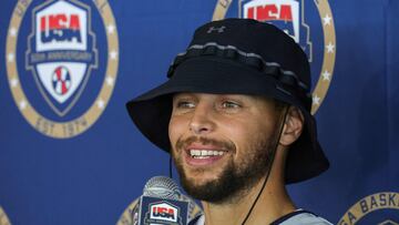 LAS VEGAS, NEVADA - JULY 07: Stephen Curry #4 of the 2024 USA Basketball Men's National Team talks to members of the media after a practice session during the team's training camp at the Mendenhall Center at UNLV on July 07, 2024 in Las Vegas, Nevada.   Ethan Miller/Getty Images/AFP (Photo by Ethan Miller / GETTY IMAGES NORTH AMERICA / Getty Images via AFP)
