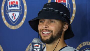 LAS VEGAS, NEVADA - JULY 07: Stephen Curry #4 of the 2024 USA Basketball Men's National Team talks to members of the media after a practice session during the team's training camp at the Mendenhall Center at UNLV on July 07, 2024 in Las Vegas, Nevada. Ethan Miller/Getty Images/AFP (Photo by Ethan Miller / GETTY IMAGES NORTH AMERICA / Getty Images via AFP)