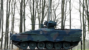 A marder fighting vehicle is loaded on a train before travelling to Hohenfels in Bavaria to take part in a 1st tank division exercise during "Allied Spirit 24", in Hagenow, Germany, February 20, 2024. REUTERS/Fabian Bimmer