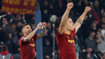 Soccer Football - Europa League - Quarter Final - Second Leg - AS Roma v Feyenoord - Stadio Olimpico, Rome, Italy - April 20, 2023 AS Roma's Lorenzo Pellegrini celebrates scoring their fourth goal REUTERS/Claudia Greco