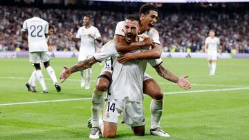 2-1. Joselu celebra el segundo gol que marca en el minuto 59 con Jude Bellingham.