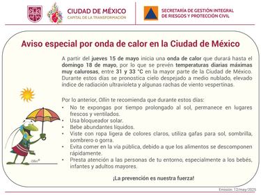 Aviso especial por altas temperaturas en CDMX, llega nueva onda de calor del 15 al 18 de mayo