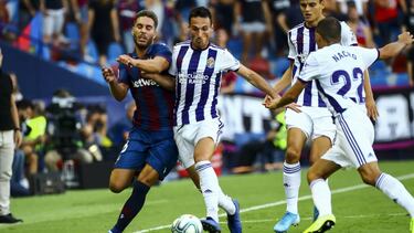 ROCHINA (L) and Oscar Plano of R. Valladolid CF during spanish La Liga match between Levante UD vs Real Valladolid at Ciutat de Valencia Stadium on Saturday August 31, 2019.