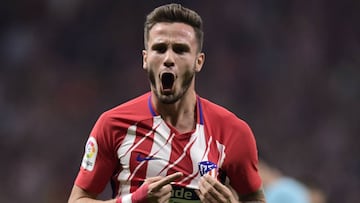 Saúl celebra un gol con el Atlético.