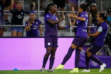 Orlando Pride forward Barbra Banda (22) celebrates with forward Adriana Leal da Silva (9) and forward Marta (10) 