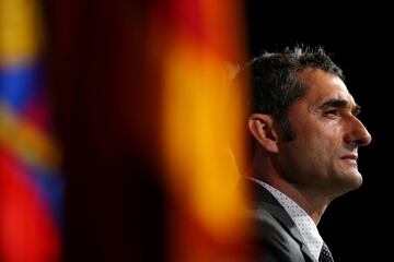 FC Barcelona's new coach Ernesto Valverde attends a news conference at the Camp Nou stadium in Barcelona