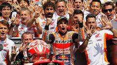 HOHENSTEIN-ERNSTTHAL, GERMANY - JULY 15:  Marc Marquez of Spain and Repsol Honda Team celebrates winning the MotoGP of Germany at Sachsenring Circuit on July 15, 2018 in Hohenstein-Ernstthal, Germany. (Photo by Mark Wieland/Getty Images)