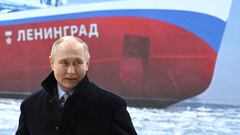 FILE PHOTO: Russian President Vladimir Putin attends a keel-laying ceremony for the nuclear-powered icebreaker "Leningrad" at the Baltic Shipyard in Saint Petersburg, Russia, January 26, 2024. Sputnik/Pavel Bednyakov/Pool via REUTERS ATTENTION EDITORS - THIS IMAGE WAS PROVIDED BY A THIRD PARTY./File Photo