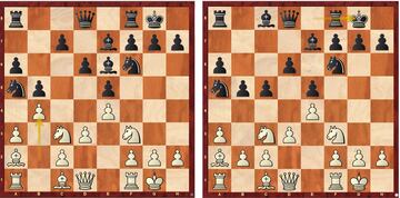 A la izquierda, Nepomniachtchi-Ding del Torneo de Candidatos 2020. A la derecha, partida de hoy tras 10...0-0. El negro mejora su versión de 2020 ganando espacio en el flanco de dama. El ruso ganó en aquella ocasión.