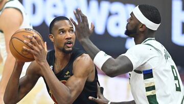 Jan 21, 2023; Cleveland, Ohio, USA; Cleveland Cavaliers forward Evan Mobley (4) looks to shoot beside Milwaukee Bucks forward Bobby Portis (9) in the first quarter at Rocket Mortgage FieldHouse. Mandatory Credit: David Richard-USA TODAY Sports