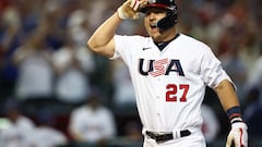 Mar 13, 2023; Phoenix, Arizona, USA; USA outfielder Mike Trout celebrates after hitting a three run home run in the first inning against Canada during the World Baseball Classic at Chase Field. Mandatory Credit: Mark J. Rebilas-USA TODAY Sports