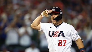 Mar 13, 2023; Phoenix, Arizona, USA; USA outfielder Mike Trout celebrates after hitting a three run home run in the first inning against Canada during the World Baseball Classic at Chase Field. Mandatory Credit: Mark J. Rebilas-USA TODAY Sports