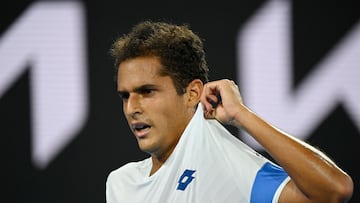 Tennis - Australian Open - Melbourne Park, Melbourne, Australia - January 17, 2023 Peru's Juan Pablo Varillas reacts during his first round match against Germany's Alexander Zverev REUTERS/Jaimi Joy