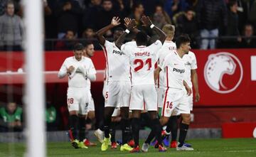 Sevilla's players celebrate Pablo Sarabia's opener in their 2-0 Copa win over Barcelona.