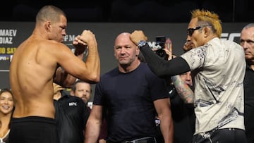 LAS VEGAS, NEVADA - SEPTEMBER 09: (L-R) Opponents Nate Diaz and Tony Ferguson face off during the UFC 279 ceremonial weigh-in at MGM Grand Garden Arena on September 09, 2022 in Las Vegas, Nevada. (Photo by Jeff Bottari/Zuffa LLC)