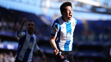 BARCELONA, SPAIN - APRIL 10: Wu Lei of Espanyol celebrates scoring the winning goal during the La Liga Santander match between RCD Espanyol and RC Celta de Vigo at RCDE Stadium on April 10, 2022 in Barcelona, Spain. (Photo by Alex Caparros/Getty Images)