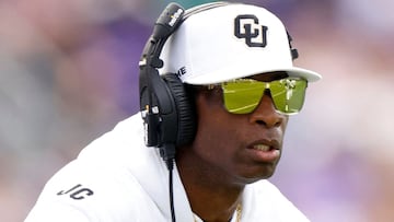 FORT WORTH, TX - SEPTEMBER 2: Head coach Deion Sanders of the Colorado Buffaloes celebrates a touchdown against the TCU Horned Frogs during the first half at Amon G. Carter Stadium on September 2, 2023 in Fort Worth, Texas. Ron Jenkins/Getty Images/AFP (Photo by Ron Jenkins / GETTY IMAGES NORTH AMERICA / Getty Images via AFP)