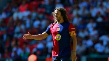 TOLUCA, MEXICO - APRIL 13: Carles Puyol of Barcelona gestures during a friendly match between FC Barcelona Legends and Real Madrid CF Legends at Nemesio Diez Stadium on April 13, 2025 in Toluca, Mexico. (Photo by Jonathan Mondragon/Jam Media/Getty Images)