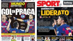 Portadas de Mundo Deportivo y Sport del 23 de octubre de 2019 con la previa del partido de Champions League entre el Slavia de Pagra y el Barcelona.