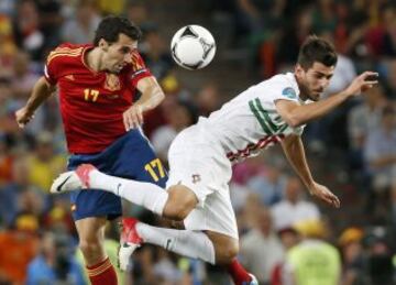 Eurocopa 2012. Partido Portugal-España. Semifinal. La Selección ganó a los portugueses en la tanda de penaltis. Álvaro Arbeloa y Nelson Oliveira.