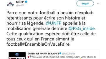 Tuit de la UNFP (el sindicato franc&eacute;s de futbolsitas) apoyando al PSG.
