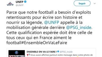 Tuit de la UNFP (el sindicato francés de futbolsitas) apoyando al PSG.