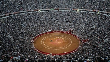 View of the Monumental Plaza de Toros Mexico taken during a bullfight in Mexico City on January 28, 2024. Bullfighting resumed on Sunday in Mexico City after the Supreme Court revoked an earlier suspension. (Photo by CARL DE SOUZA / AFP)